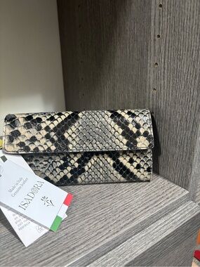 Isadora Python-Texture Leather Clutch Wallet in Black and Cream